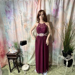 NEW📌Sexy Burgundy Infinity Beaded Cutout Sequin Lace Chiffon Prom Gown